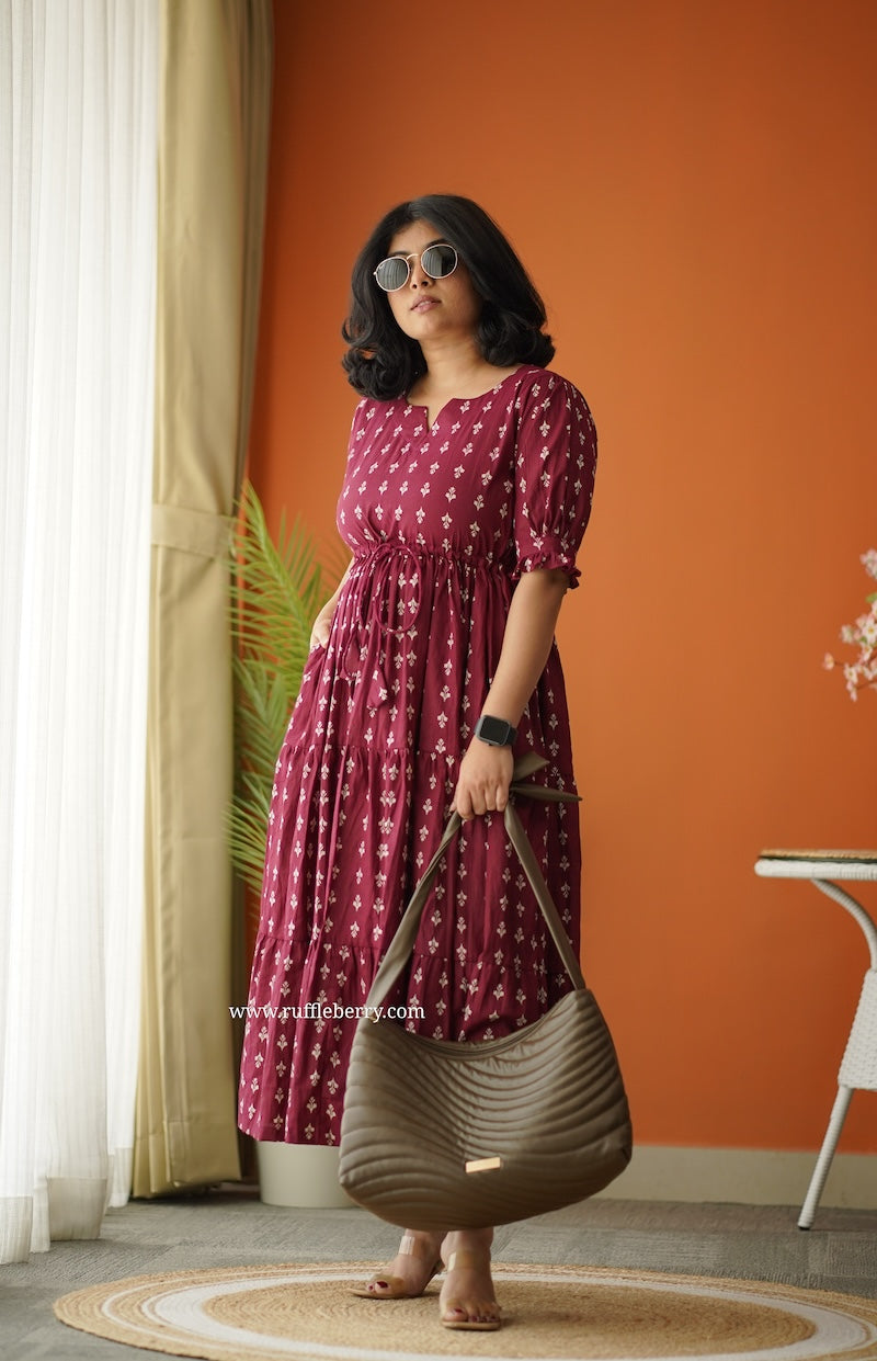 sunshine maroon cotton tier dress