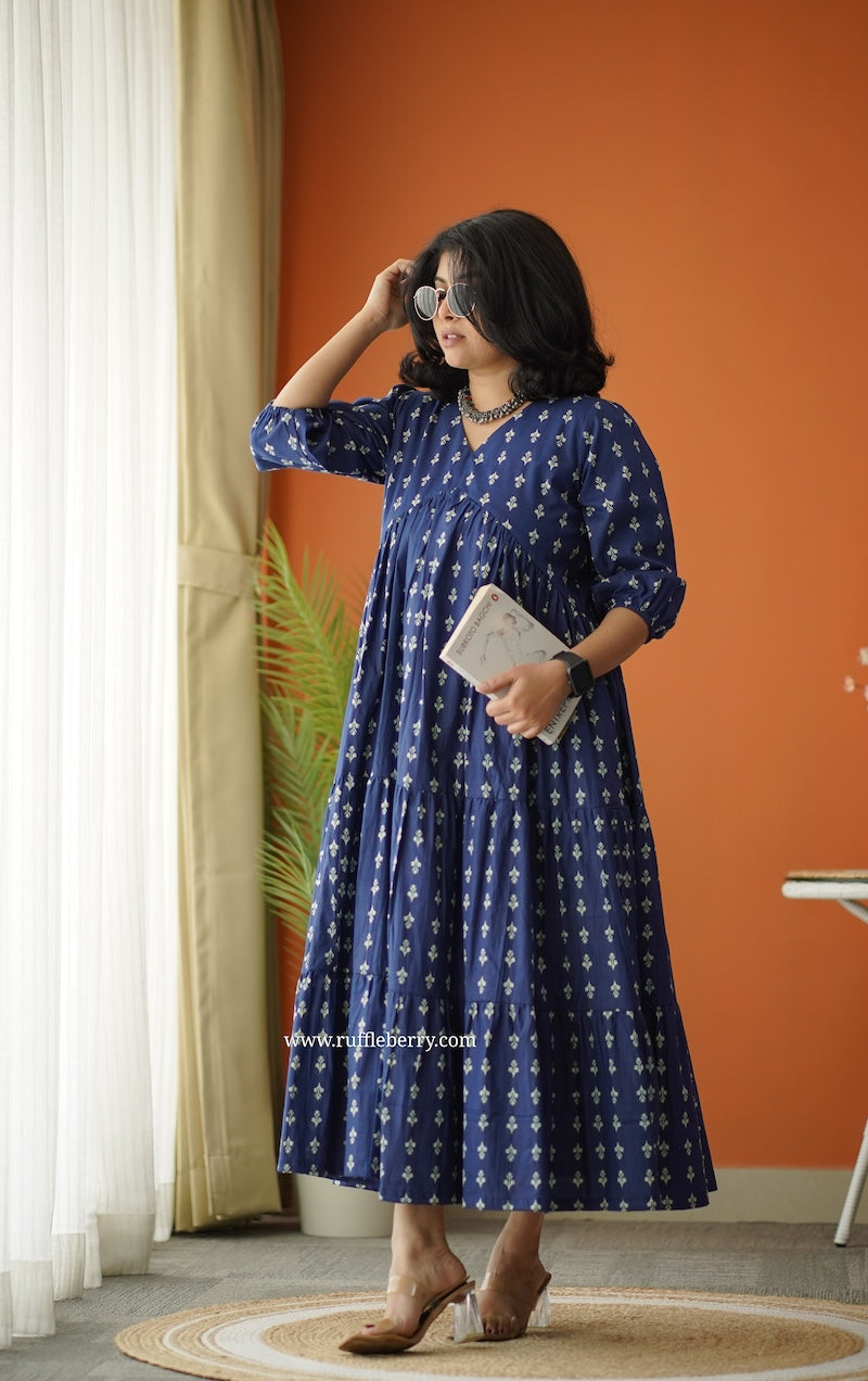 sunshine indigo cotton alia cut dress