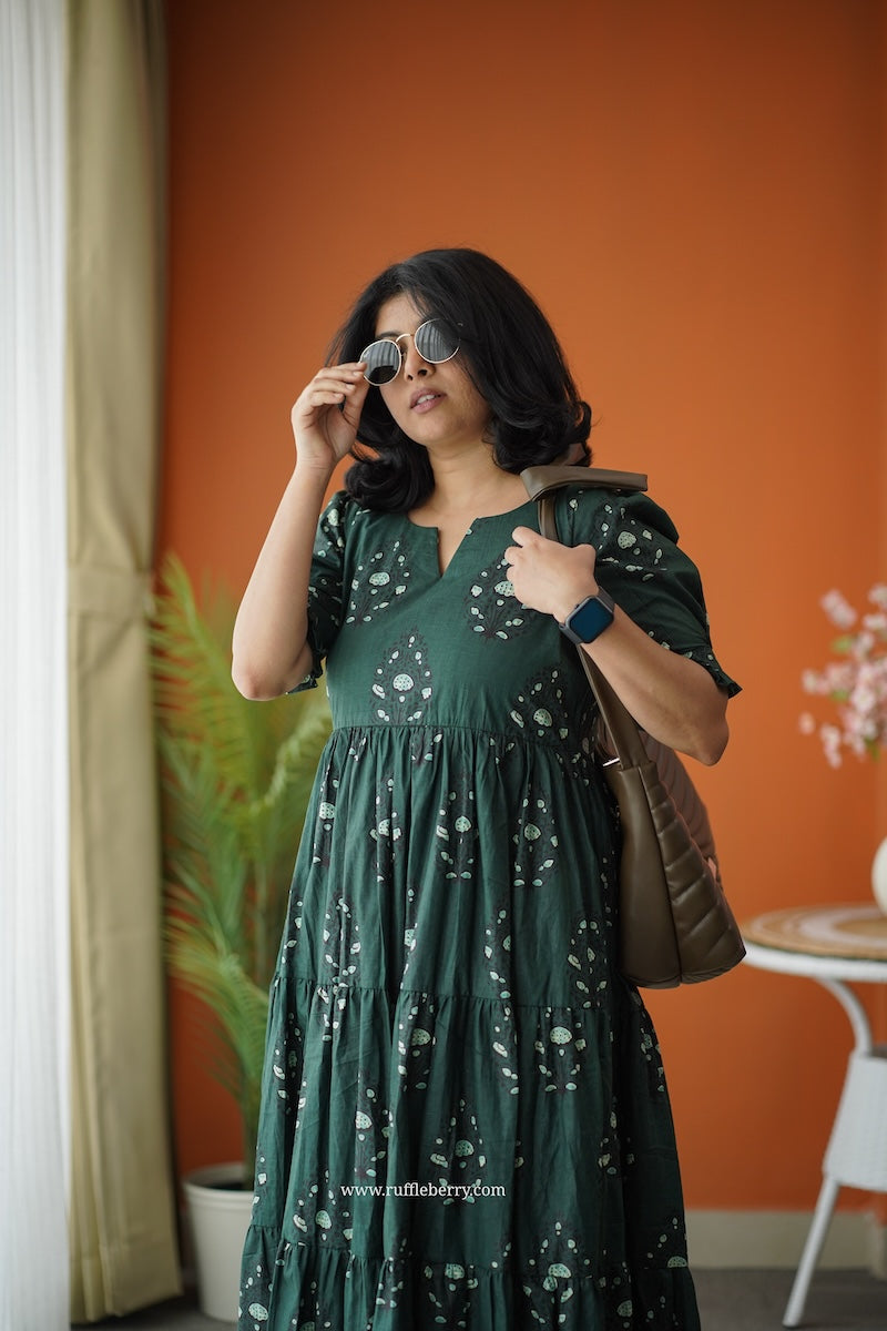 sunshine dark green cotton tier dress