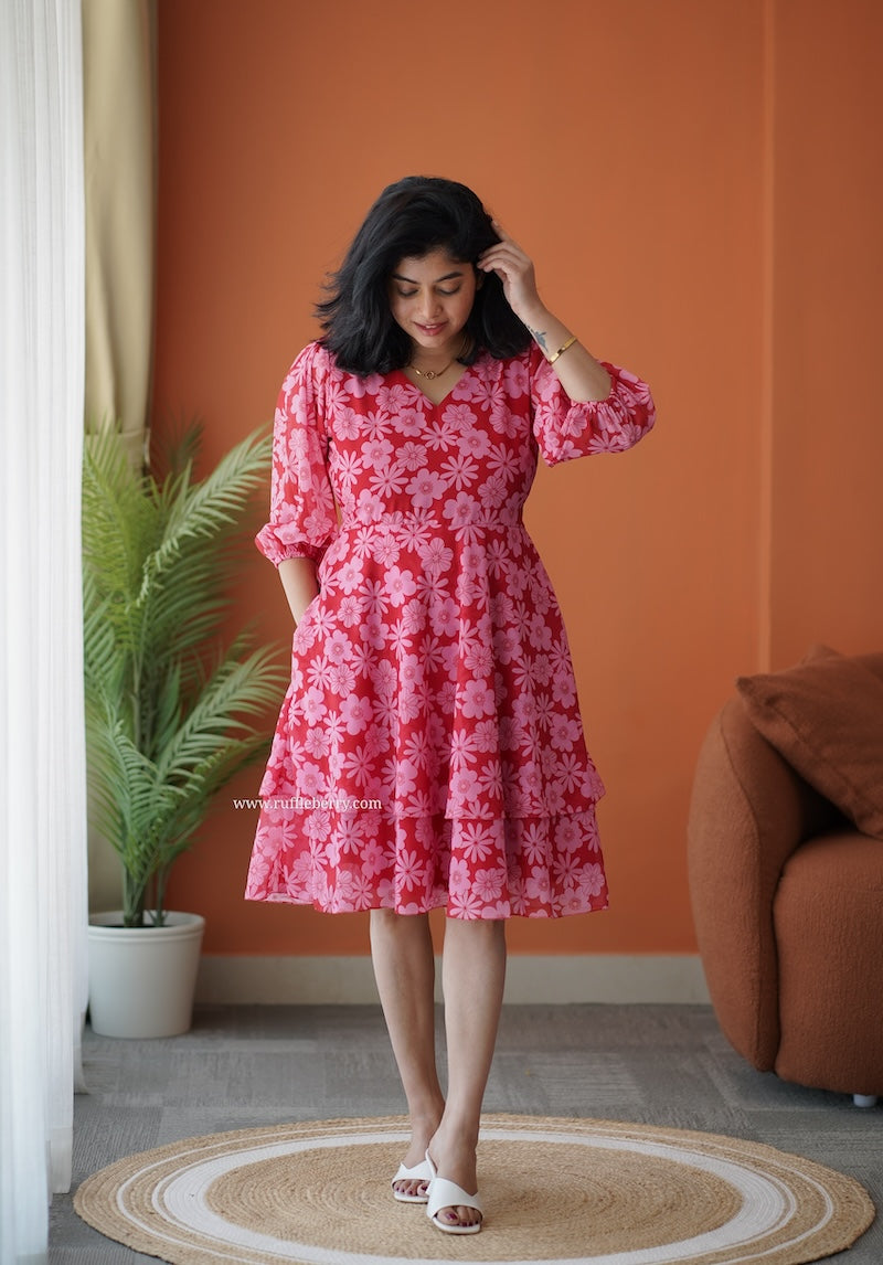 breeze-in red georgette layered dress