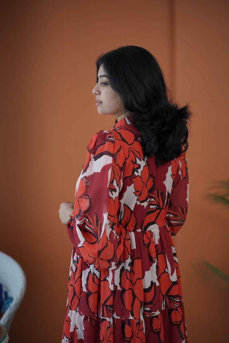 sol gloss maroon georgette tier dress