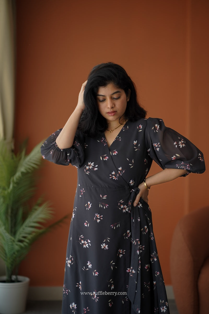 breeze-in black georgette wrap dress