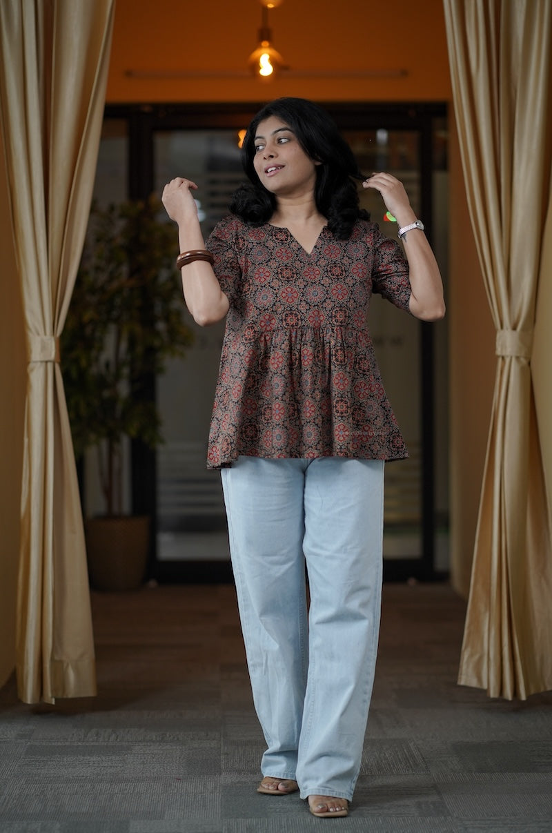 black ajrakh short kurti