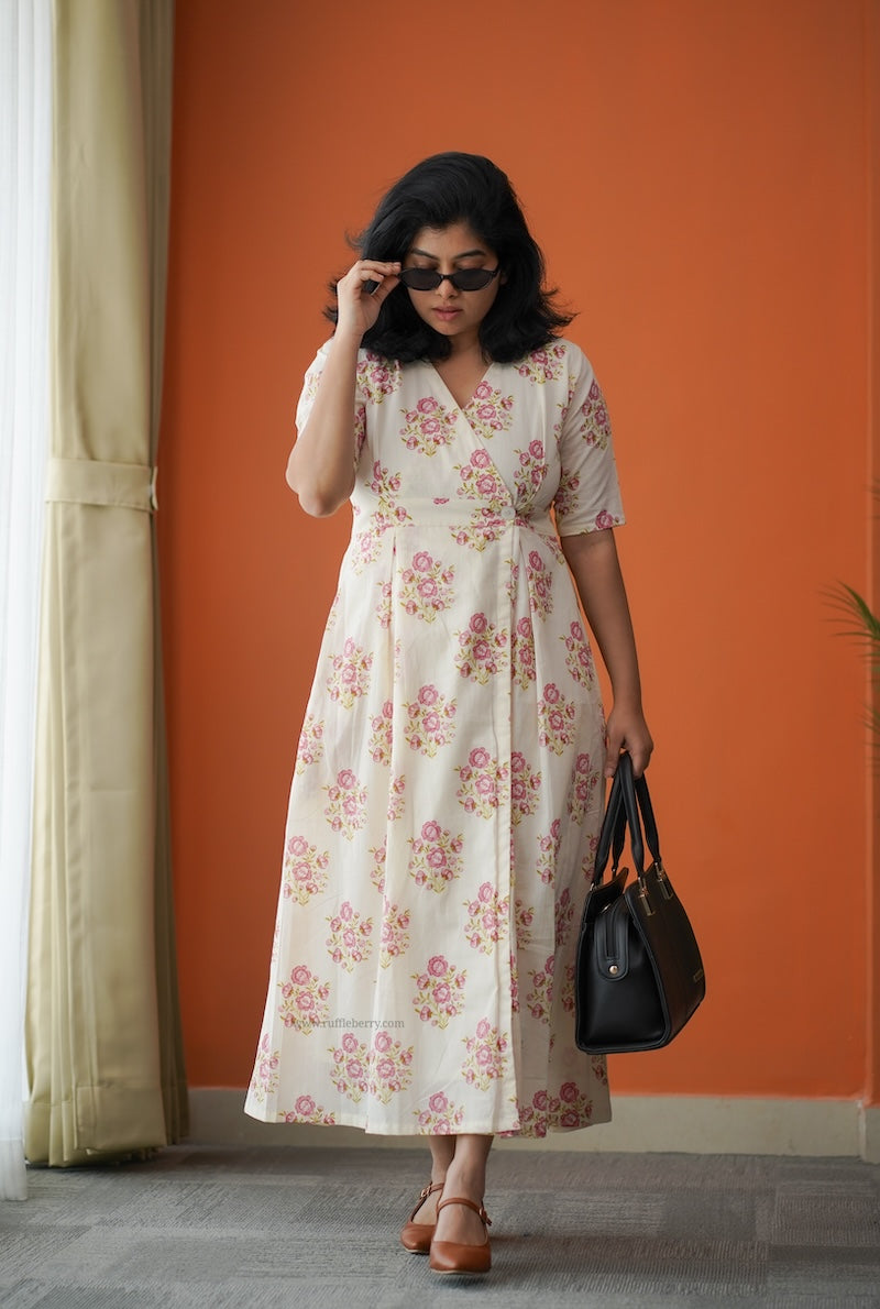 hazelshine off-white cotton button wrap dress