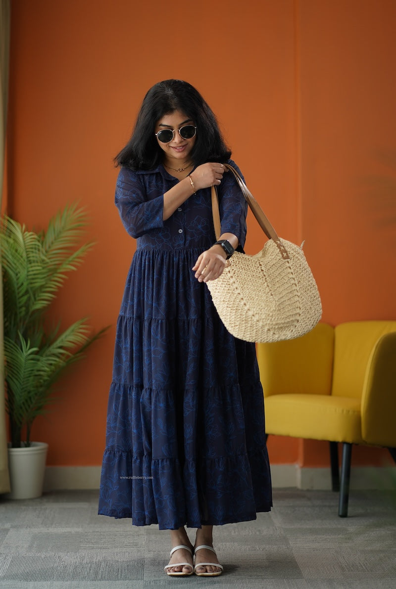 sunburst dark blue georgette shirt tier dress