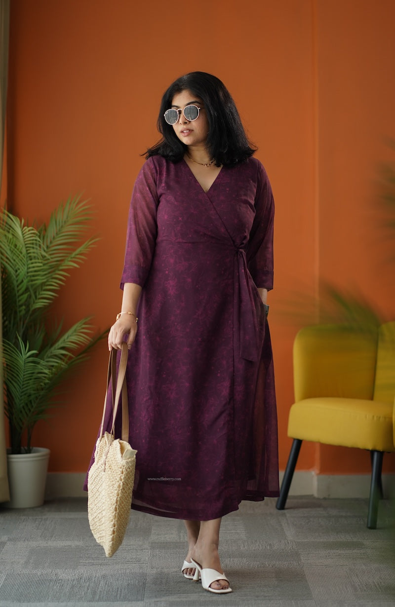 sunburst plum georgette wrap dress