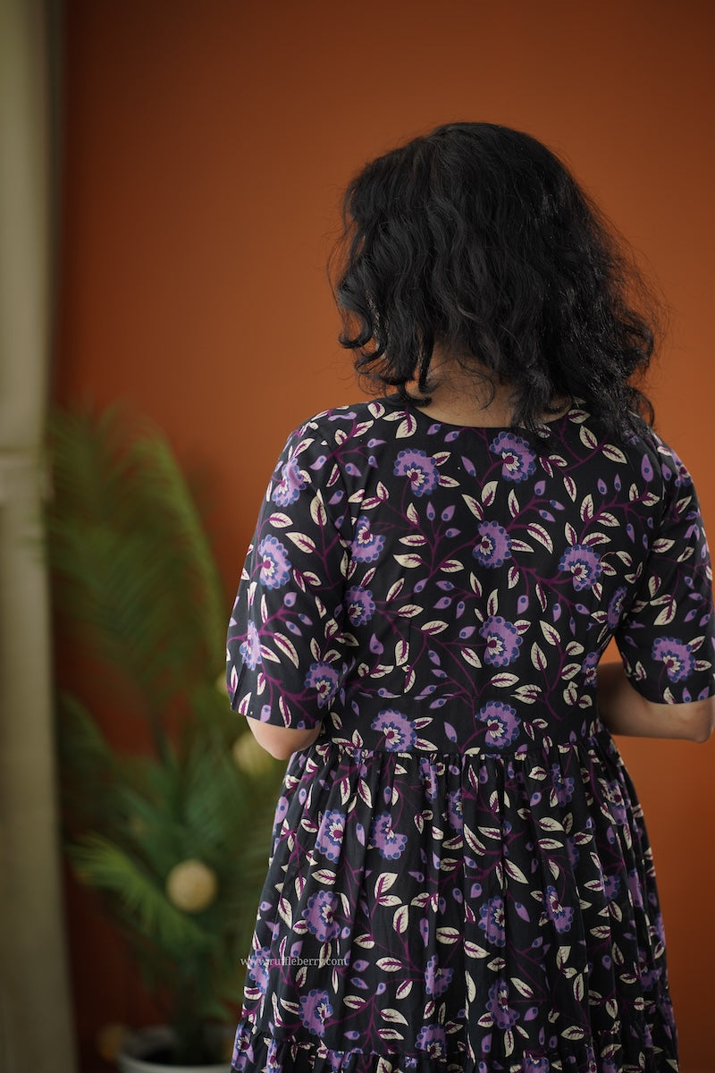 lela black purple cotton tier dress