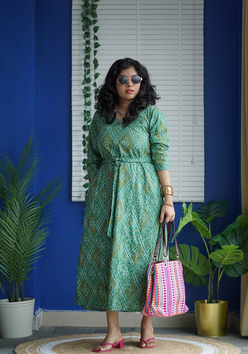 maroba green bandhini cotton aline dress