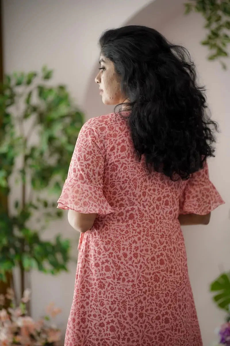 maira peach georgette wrap dress