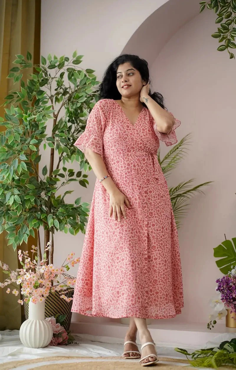 maira peach georgette wrap dress