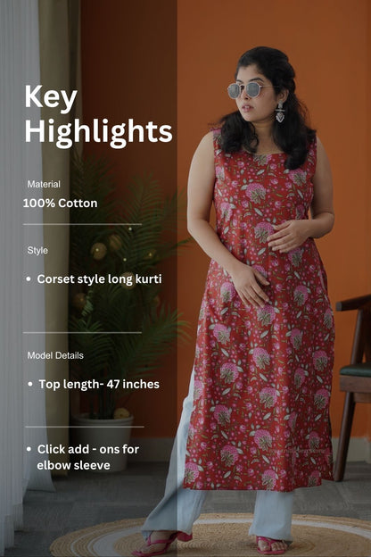 Red Floral Corset-Style Cotton Long Kurti