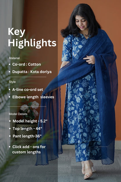 Nyra Blue  3-Piece Cotton Co-ord set