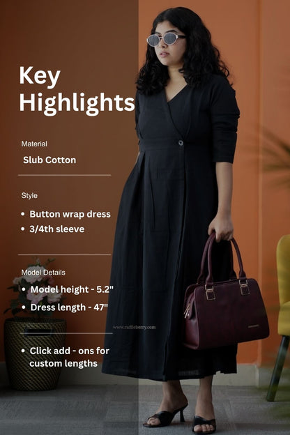 Dahlia Black Cotton Button Wrap Dress