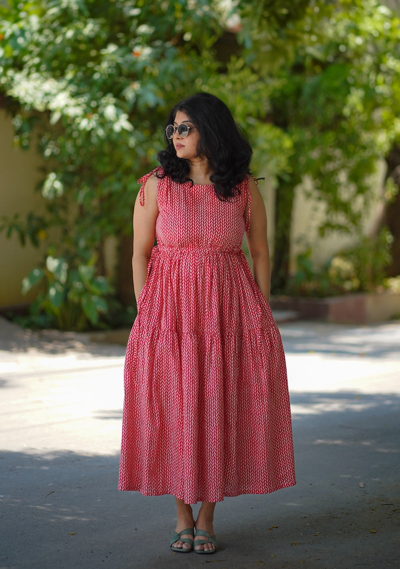 Chelsea Coral Red Cotton Tier Dress