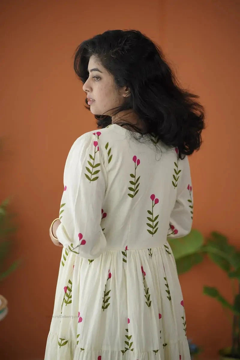 BarB White Pink Floral Cotton Dress