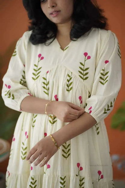 BarB White Pink Floral Cotton Dress