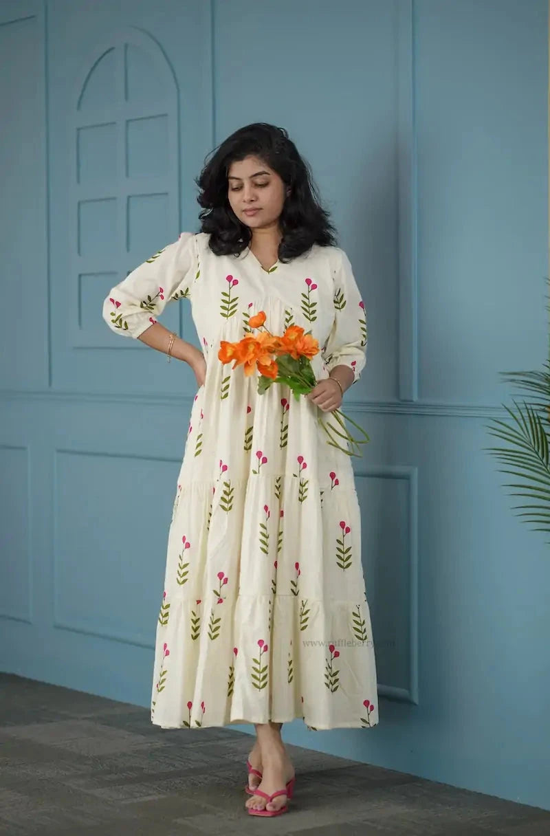 BarB White Pink Floral Cotton Dress