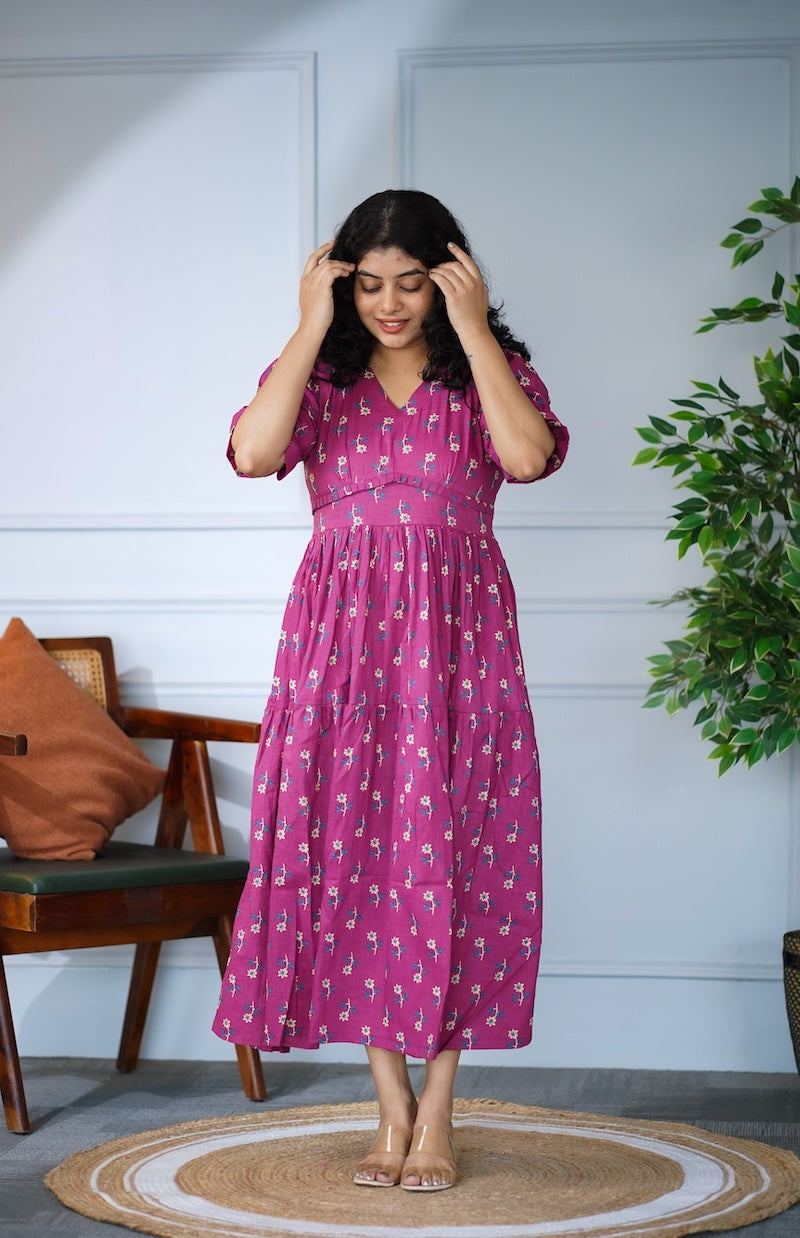 Elira Fuschia Cotton Tier Dress