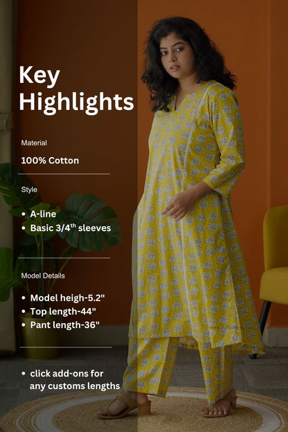 Ammayi Yellow motif A-line co-ord set