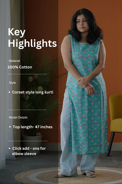 Turquoise Corset-Style Cotton Long Kurti