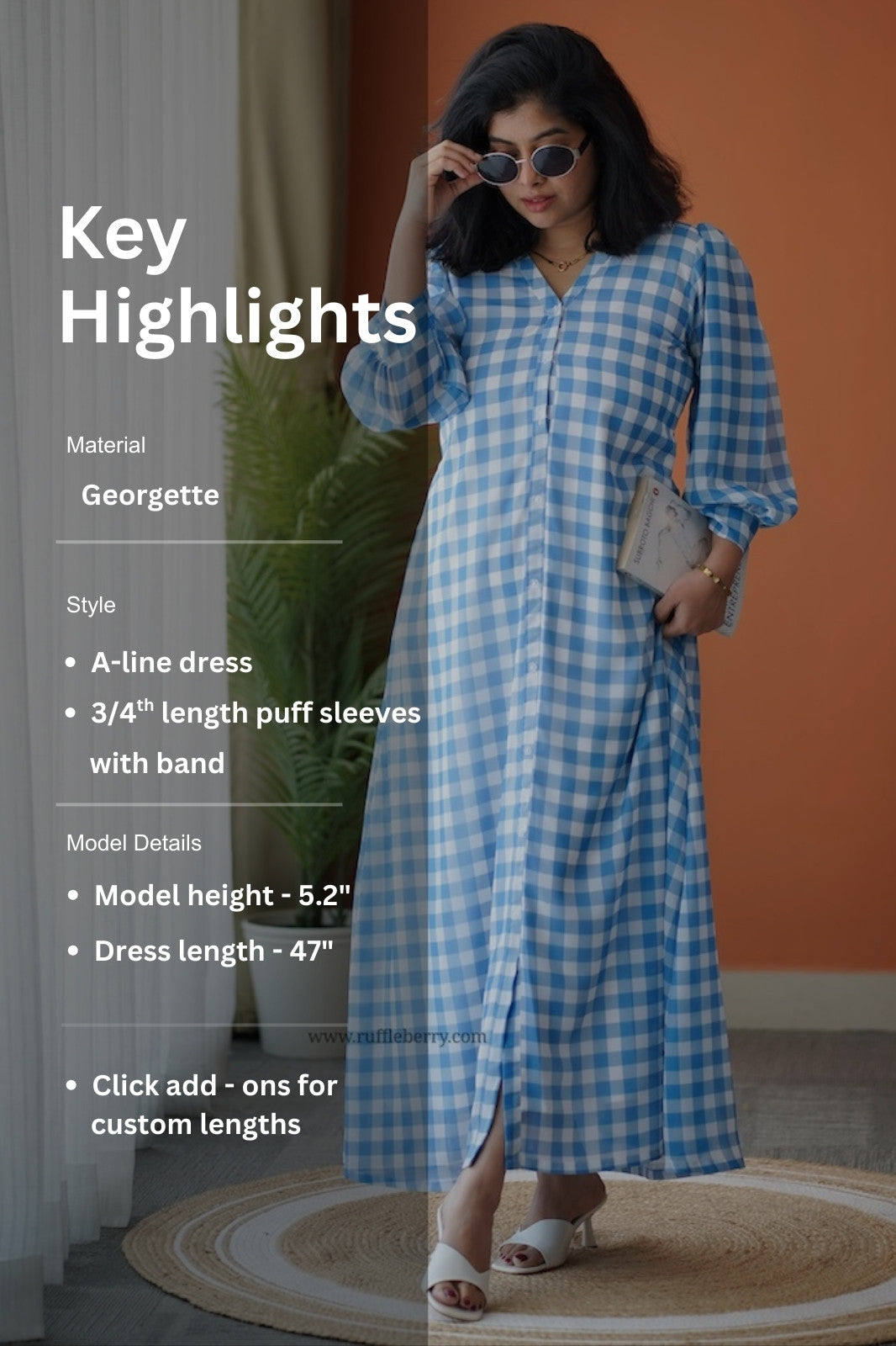 breeze-in blue checks georgette a-line dress