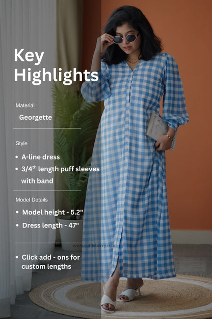 Breeze-In Blue Checks Georgette A-line Dress