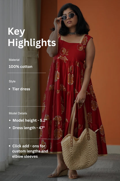Hazelshine Tomato Red Cotton Tier Dress