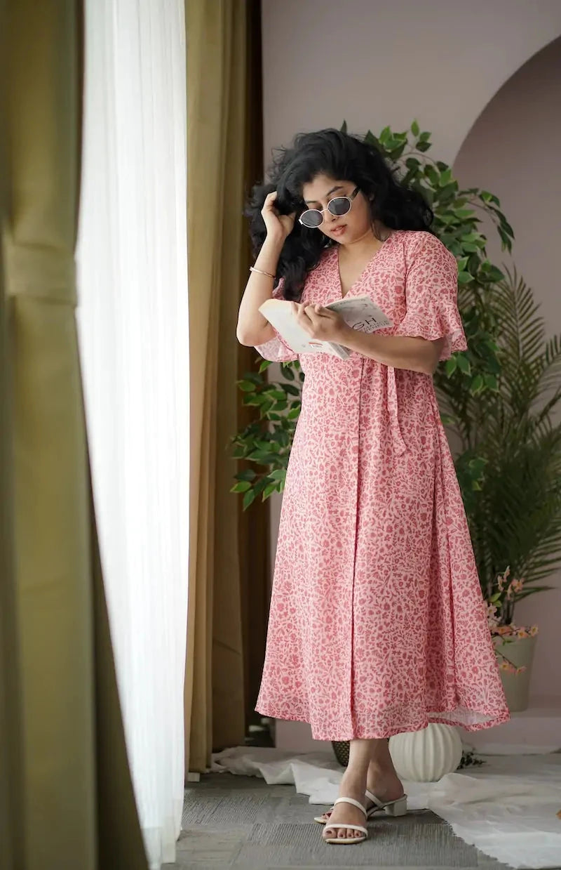 maira peach georgette wrap dress