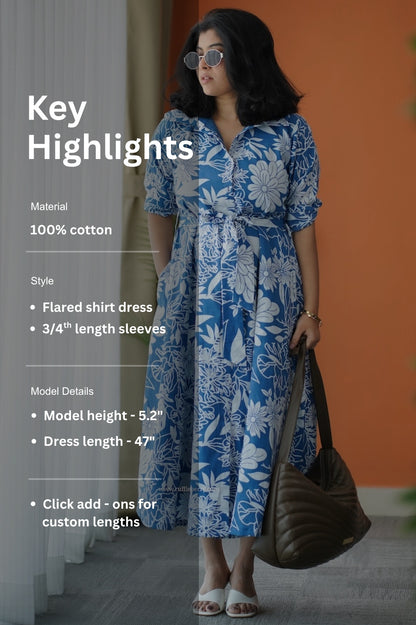 Hazelshine Blue Cotton Flared Shirt Dress