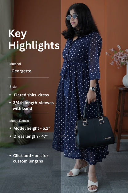 JunaLuv Dark Blue Georgette Flared Shirt Dress