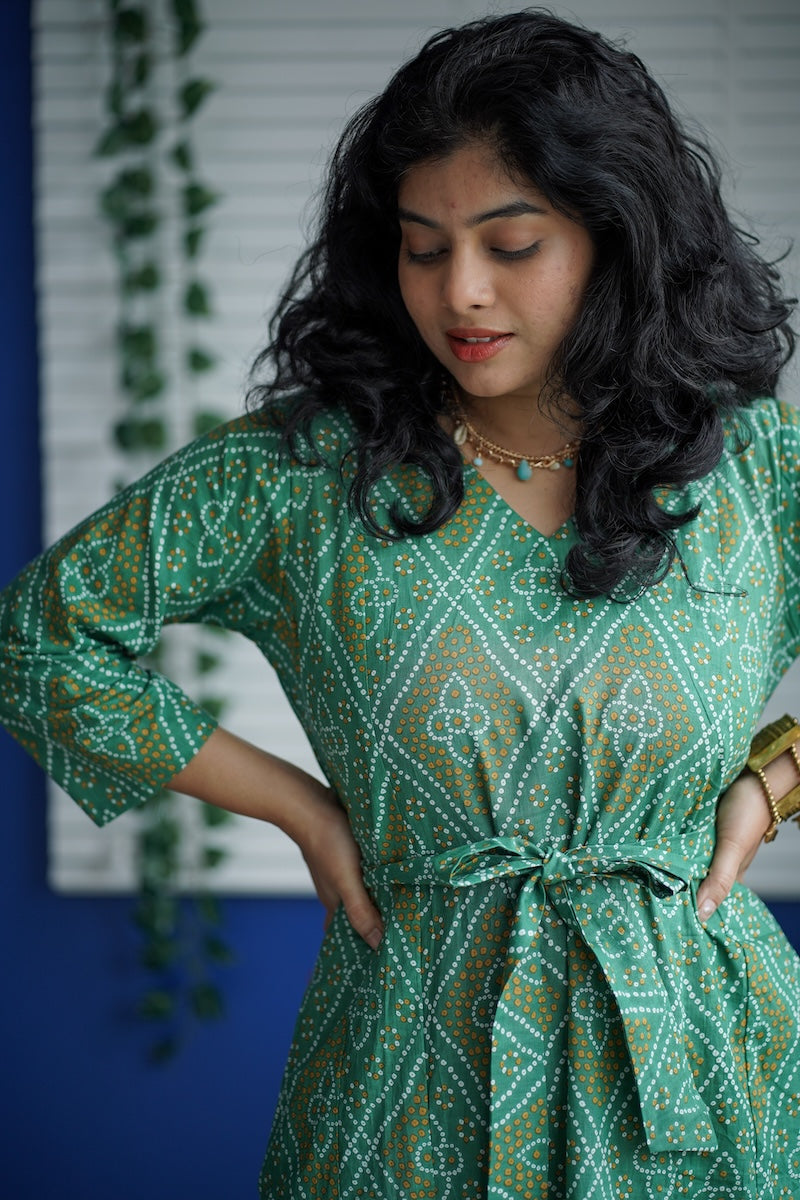 maroba green bandhini cotton aline dress