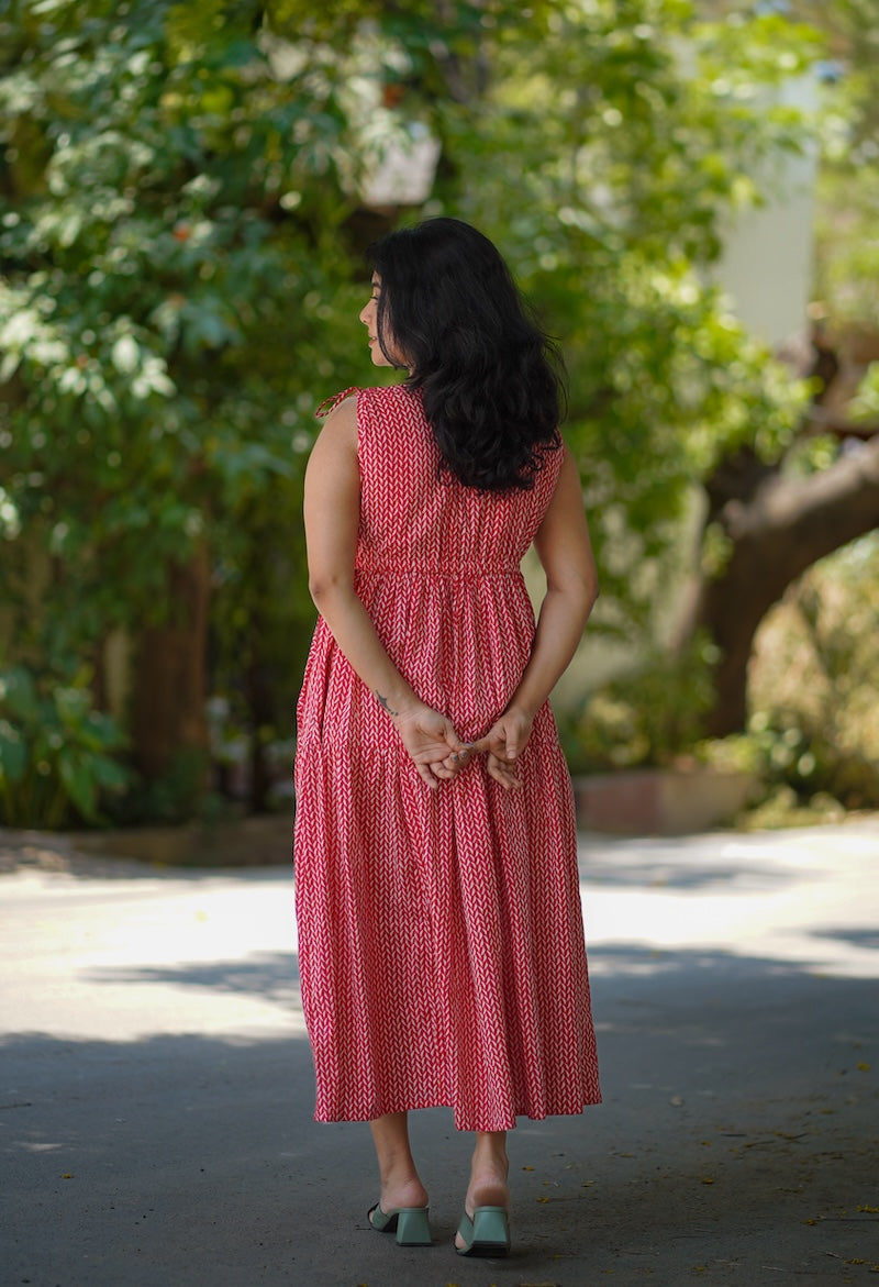 chelsea coral red cotton tier dress