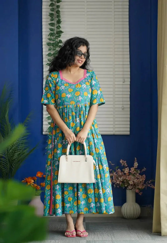 Augusta Turqoise Blue Cotton Tier Dress