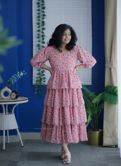 Rose Pink Georgette Layered Dress