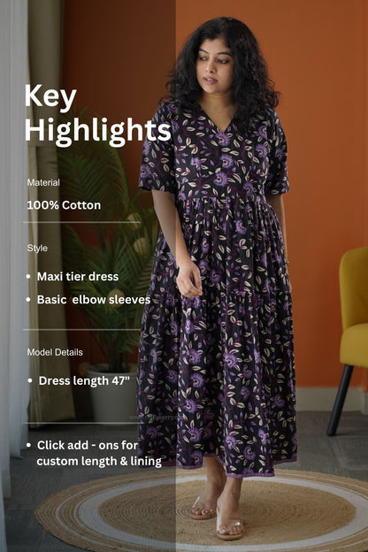 Lela Black Purple Cotton Tier Dress