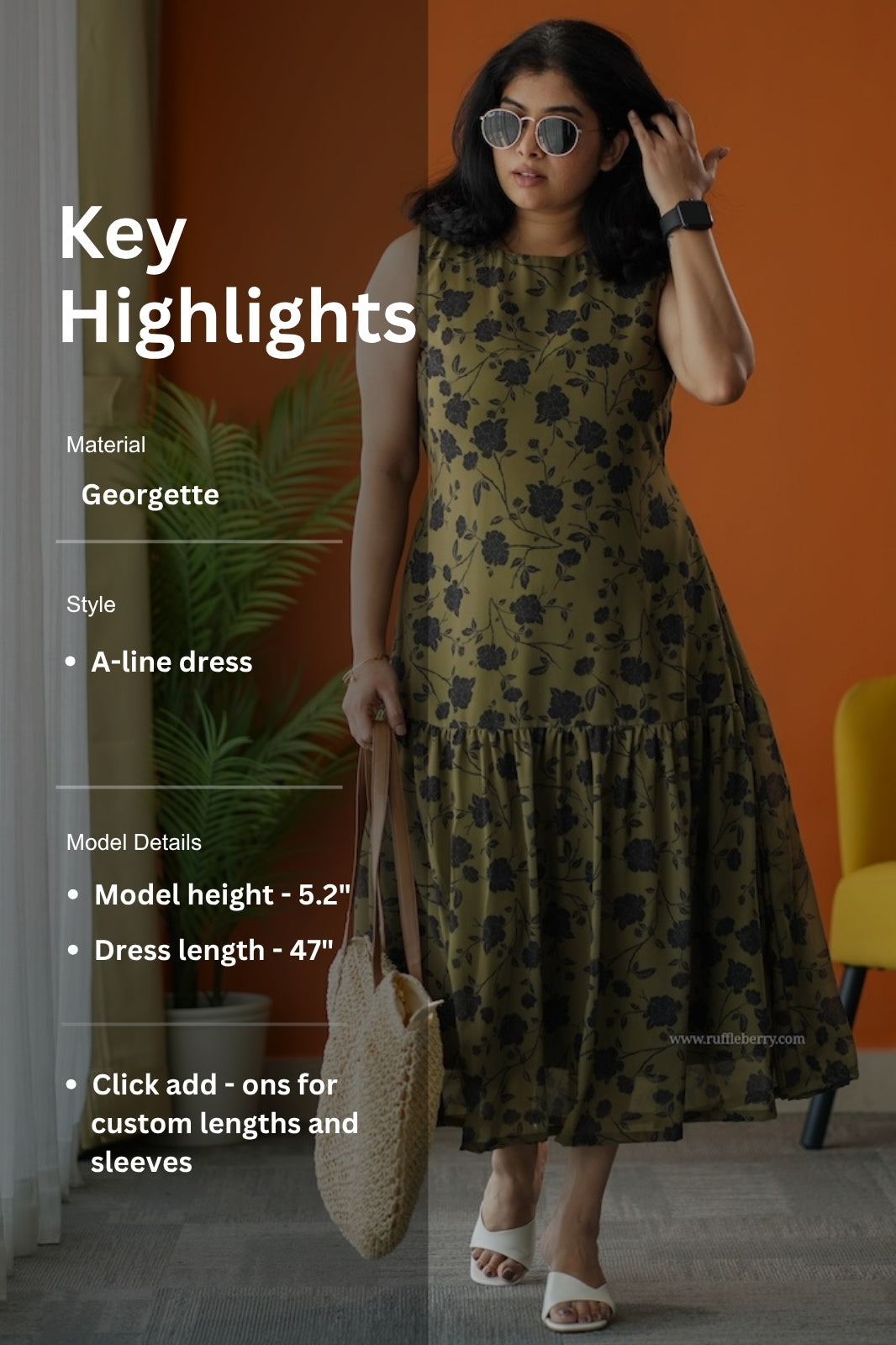 sunburst olive georgette a-line dress