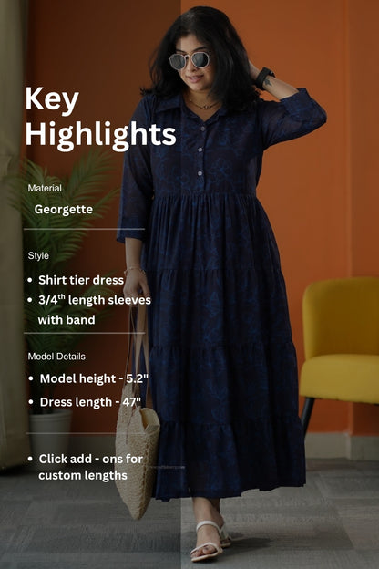 Sunburst Dark Blue Georgette Shirt Tier Dress