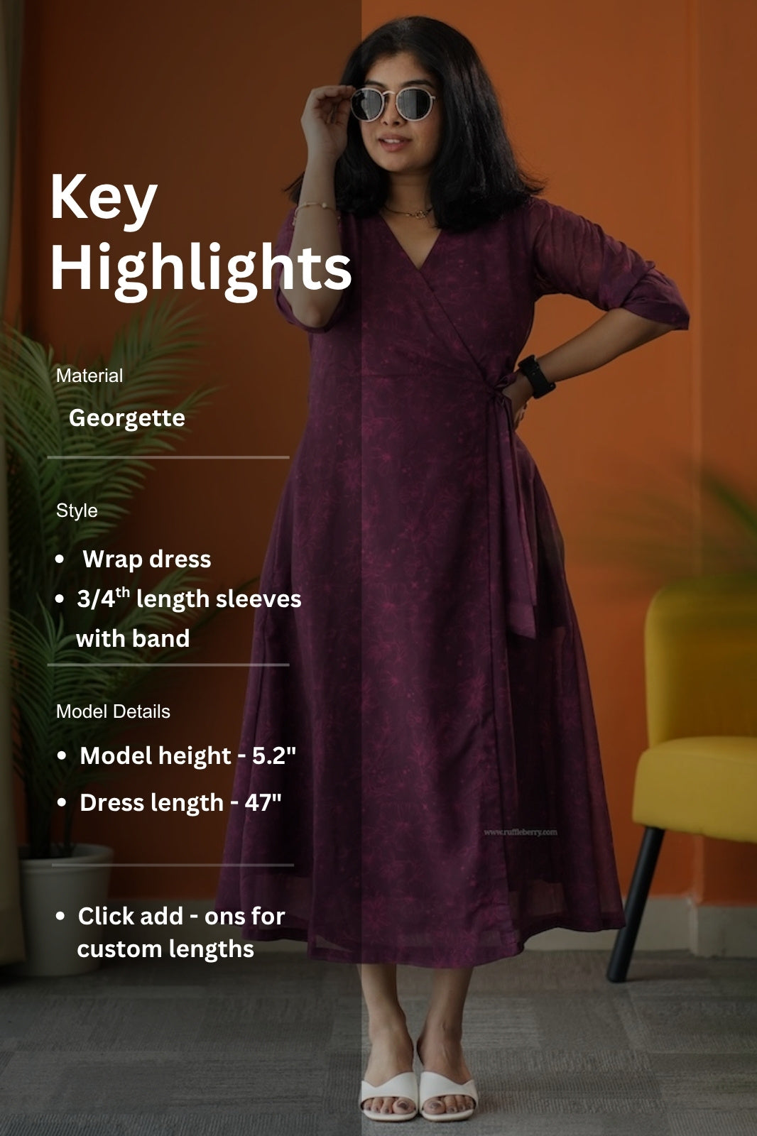 sunburst plum georgette wrap dress