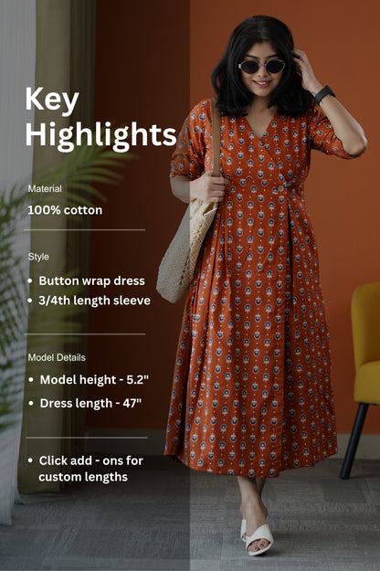 SumLove Rust Cotton Button Wrap Dress