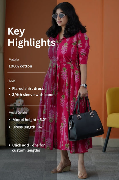 Saavan Pink Cotton Flared Shirt Dress