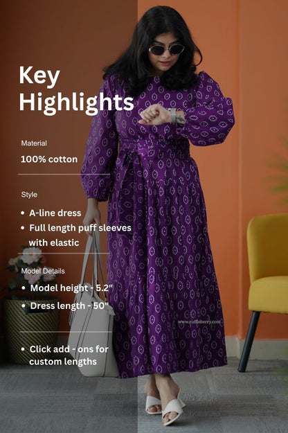 Saavan Purple Cotton Tier Dress