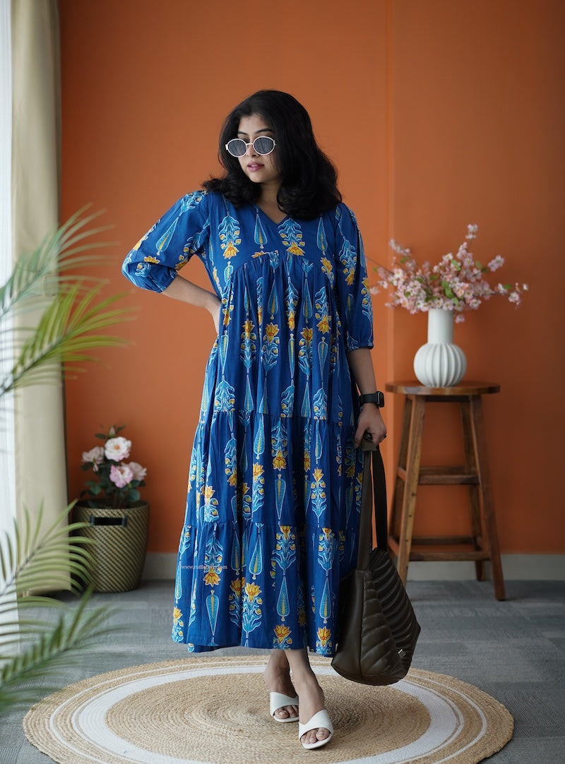 jundaze blue cotton tier dress