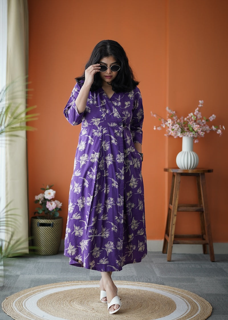 jundaze violet cotton button wrap dress
