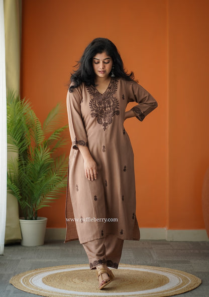 Mocha Petals Embroidered Cotton Co-ord set