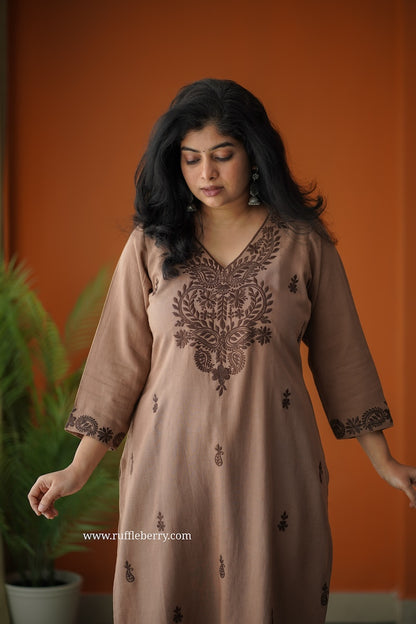 Mocha Petals Embroidered Cotton Co-ord set