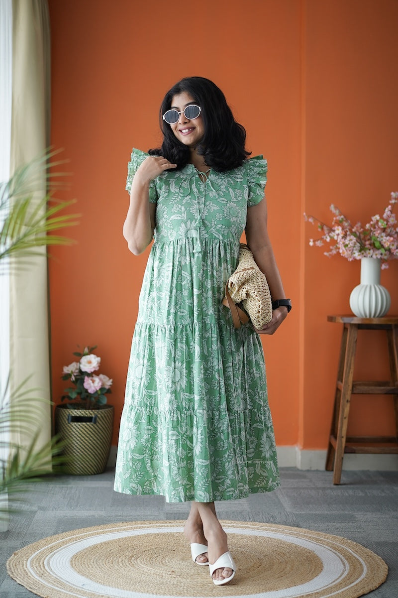 jundaze green cotton tier dress