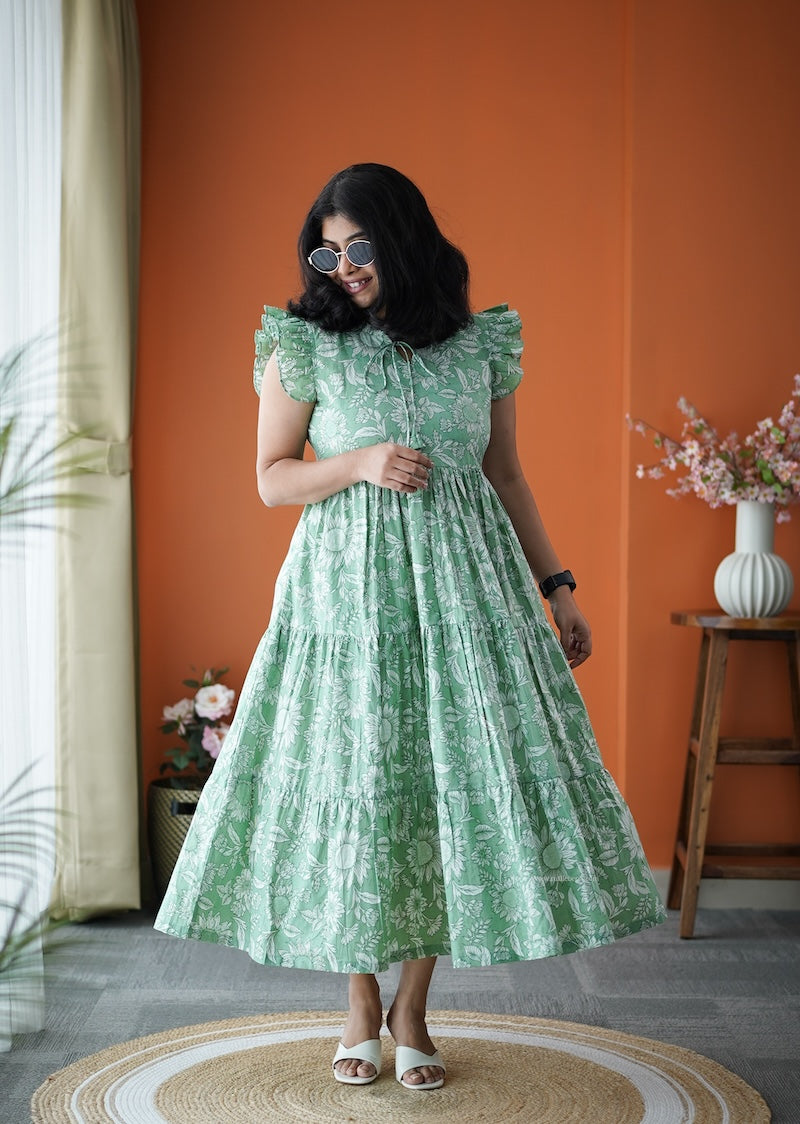 jundaze green cotton tier dress