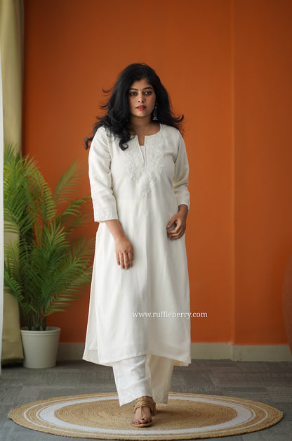 Snow Petals Embroidered Cotton Co-ord set