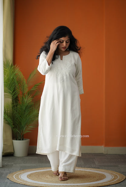 Snow Petals Embroidered Cotton Co-ord set