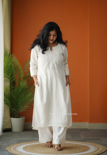 Snow Petals Embroidered Cotton Co-ord set